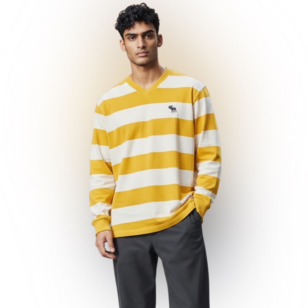 Abercrombie & Fitch Yellow and White Rugby Stripe V Neck Men's Sweater
